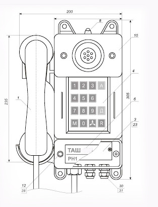 Схема габаритных размеров телефонного аппарата ТАШ-21П-IP-С